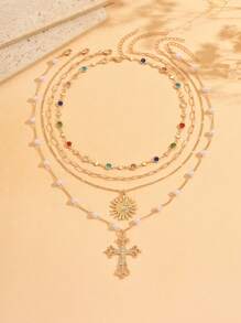 4pcs/Set Luxury Gold Chain Multilayer Necklace With Colorful Glass Beads & Cross Pendant, Suitable For Daily Wear, Party, Music Festival, Handmade Length Adjustable