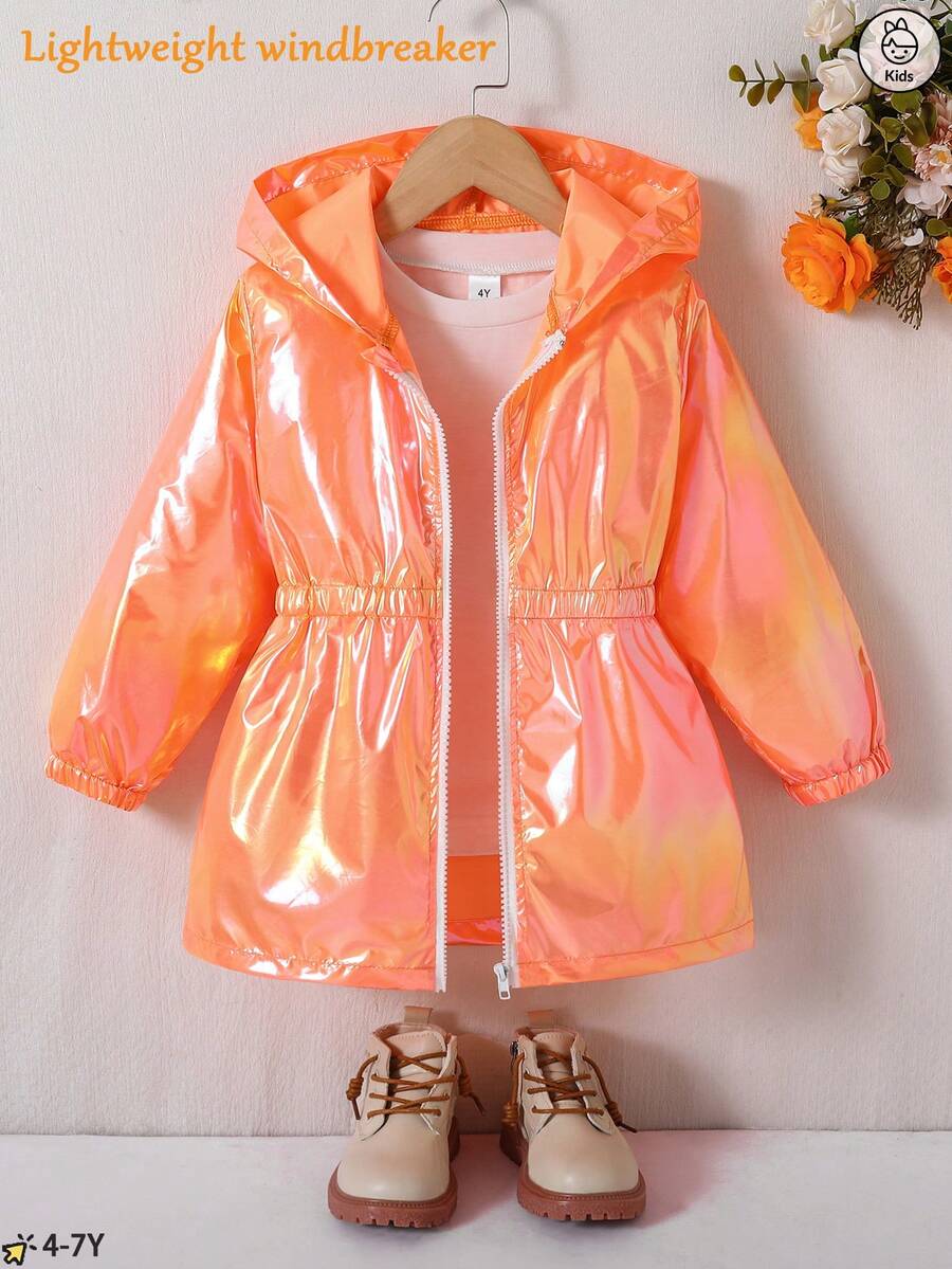 Girls' Laser Purple Windbreaker Jacket, Multifunctional, Fashionable, Personalized, Cool, Special Waist Design Mid-Length Zip-Up Hooded Sweatshirt, Suitable As A Gift For Daughter - Orange - View 1
