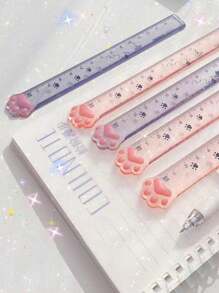 1pc Transparent Pink Cat Paw Shaped Ruler, Creative Stationery Suitable For School, Office And Back To School