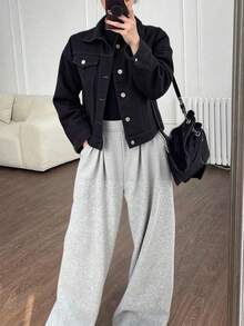 Chamarra mezclilla dama mujer femenina casual oficina trabajo juvenil moderna sexy trendy chic original surprise jeans - Negro - Ver 1