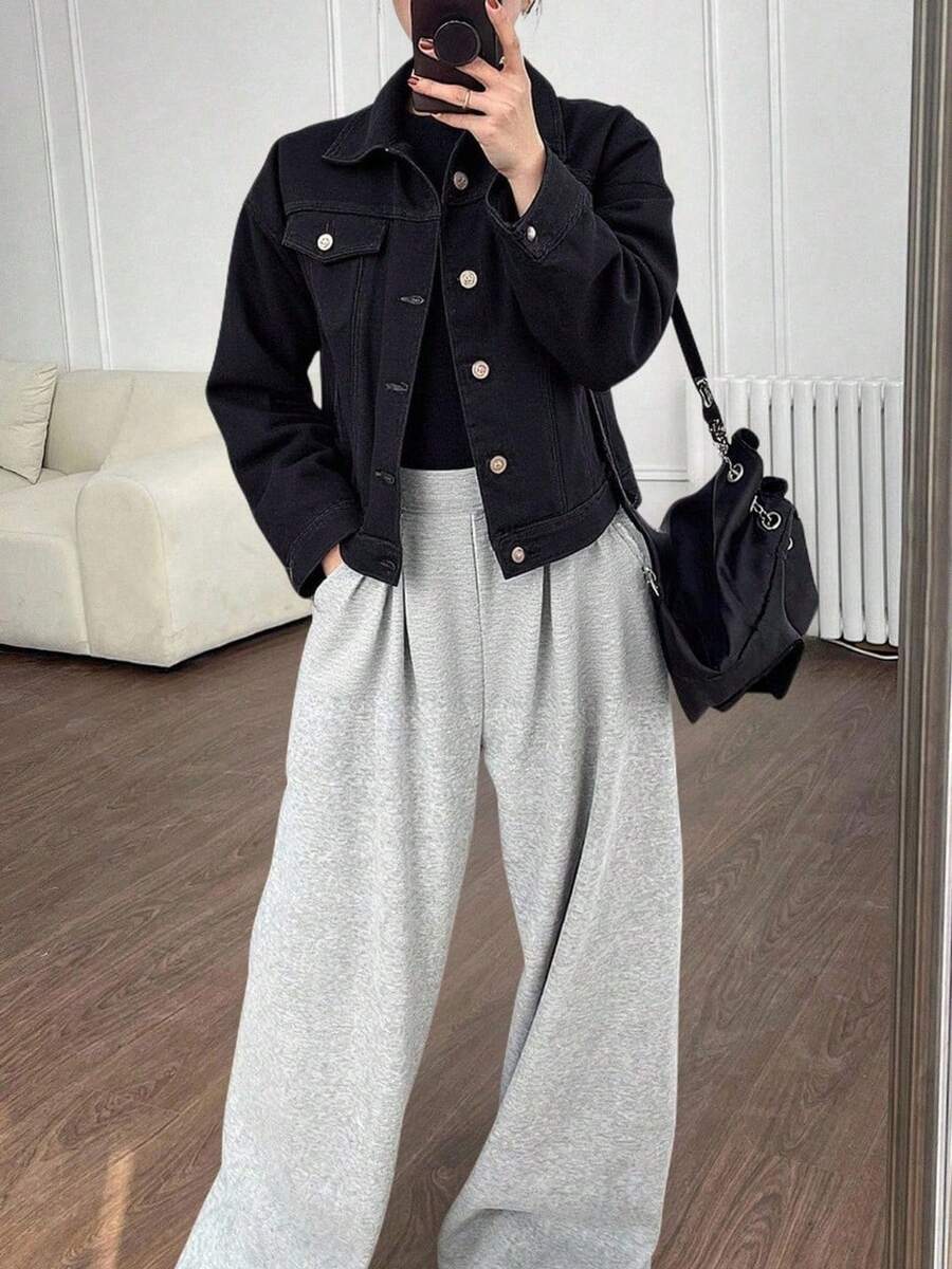 Chamarra mezclilla dama mujer femenina casual oficina trabajo juvenil moderna sexy trendy chic original surprise jeans - Negro - Ver 1