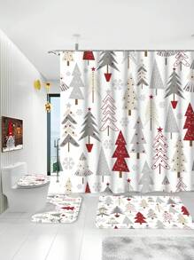 1/3/4 Pcs Christmas Tree Shower Curtain Set, Bathroom Decor Set Includes Waterproof Shower Curtain, Non-Slip Bath Mat, Toilet Seat Cover, Bath Rug And 12 Plastic Hooks, Bathroom Accessories, Home/Bar/Live Streaming Decor