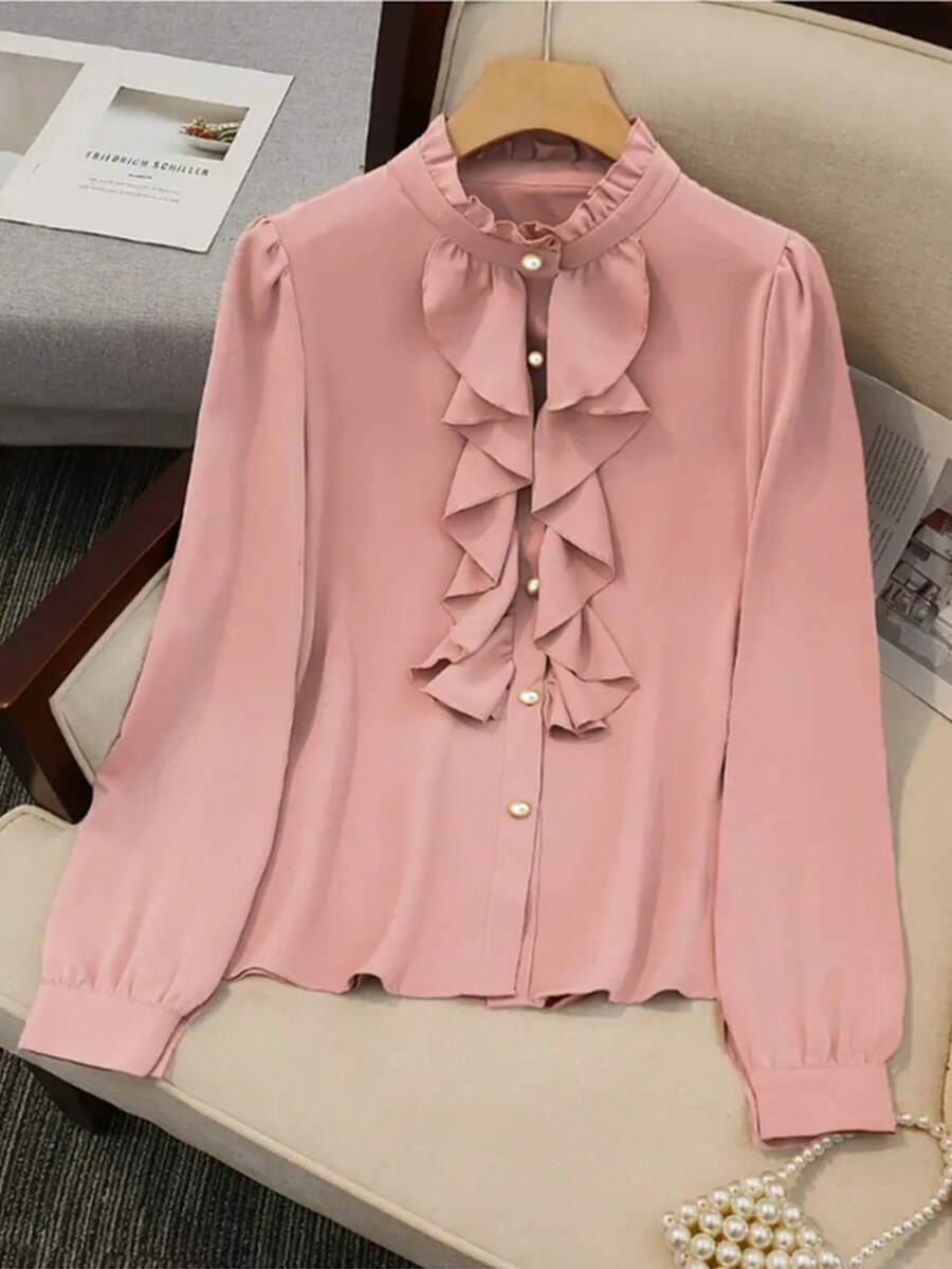 Elegant Pink Puff Sleeve Blouse With Stand Collar And Ruffle Front For Women - Pink - View 1