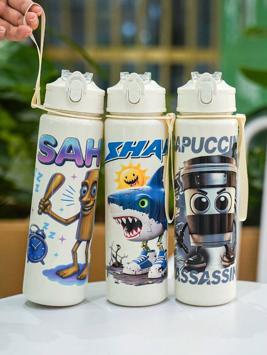 1 个 750ml/25oz 卡通山海经主题水瓶，带塑料吸管，便携易清洗，适合户外露营、玩耍、运动和节日礼物 - 彩色 - 查看 1