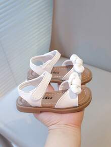 New Girls Flat Sandals With Rhinestone, Pearl & Bow Design, Soft Non-Slip Soles, Lightweight & Comfortable, Versatile & Elegant For Summer - Beige - View 4