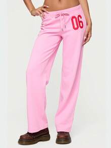 Women Y2K Number Printed Sweatpants Drawstring Elastic High Waist Straight Leg Baggy Pants Loose Workout Joggers Casul Trousers - 粉色 - 查看 4
