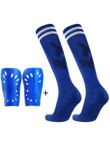Kids Football Socks + Shin Guard Set, 7-12 Years Old Children Striped Sports Football Socks, Anti-Collision Football Shin Pads