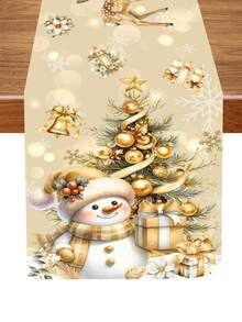 1件裝聖誕桌旗，金色雪人麋鹿聖誕樹圖案聚酯纖維桌布，廚房餐桌裝飾，適合節日家庭聚會與居家裝飾，聖誕裝飾 - 彩色 - 查看 6