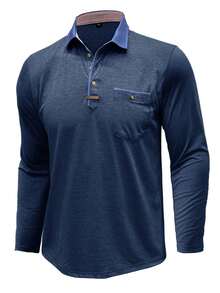 Men Plus Size Long Sleeve Polo Shirt, Fashionable Turndown Collar Pocket Henley Top, Fall