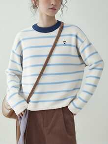 Alicedudu كنزة صوفية كلاسيكية للنساء بياقة مستديرة وخطوط، ناعمة ودافئة، للخريف/الشتاء