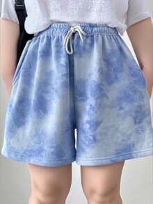 Tie-dye pantalones cortos deportivos casuales femeninos verano suelta versión coreana de la chica picante de cintura alta delgada A-line pantalones de pierna ancha - Azul - Ver 1