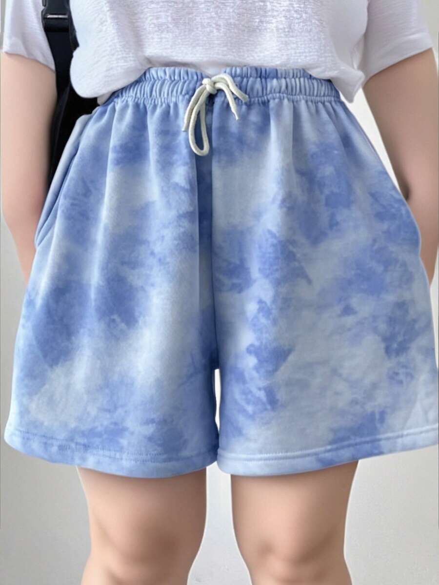 Tie-dye pantalones cortos deportivos casuales femeninos verano suelta versión coreana de la chica picante de cintura alta delgada A-line pantalones de pierna ancha - Azul - Ver 1