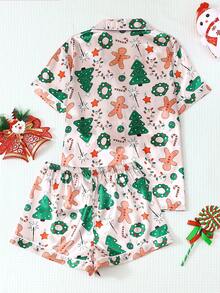2pcs Satin Pajama Set, Christmas Tree & Gingerbread Man Print Short Sleeve Lapel Top And Bow Shorts, Women Sleepwear & Loungewear Suitable For Christmas - Màu be - Xem 2