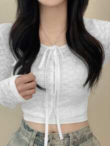 2026春秋新款系带休闲女式纹理长袖纽扣开衫 - 白色 - 查看 3