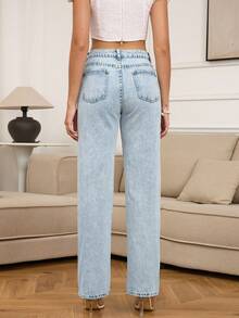 Light Blue Mid Rise Pearl Decorated Straight Leg Jeans For Women, Fashionable And Casual Style, Versatile Pants For Daily Outings - Light Wash - View 6