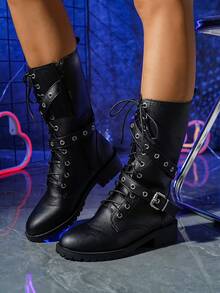女士低跟朋克系带金属孔眼扣侧拉链靴，皮革材质，秋冬新款户外时尚中筒靴，派对靴 - 黑色 - 查看 3