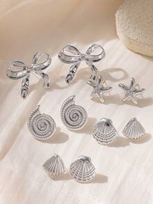 Bộ 10 chiếc khuyên tai hình sao biển, vỏ sò, vỏ sò, nơ thời trang, thích hợp cho du lịch và nghỉ dưỡng mùa hè - Bạc - Xem 4