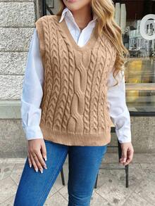 Women's Casual Loose Knitted V-Neck Vest With Cable Pattern, Autumn/Winter (Shirt Not Included) - Khaki - View 4