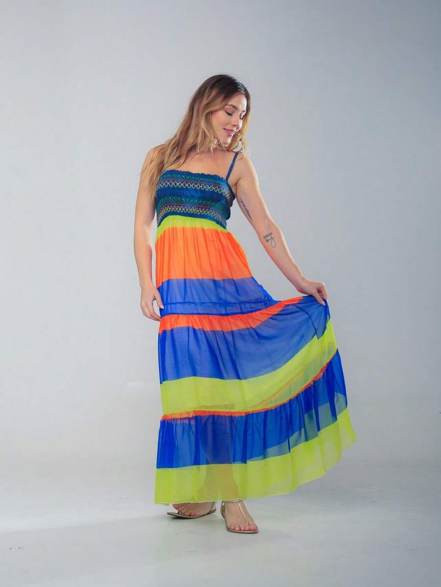 KIARA BRAZIL Color Block Maxi Dress With Spaghetti Straps And Flowy Layered Skirt Boho Chic Vibrant Summer Look #309-49.2# - 橘色 - 查看 1