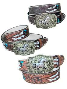 1 pieza Cinturón (PU) con patrón de caballo y remaches estilo vaquero occidental, adecuado para uso diario, regalo perfecto para otoño, Halloween - Café - Ver 2