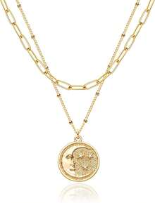 MEVECCO Layered Heart Necklace Pendant Handmade 18k Gold Plated Dainty Gold Choker Arrow Bar Layering Long Necklace For Women - 層新月 - 查看 1