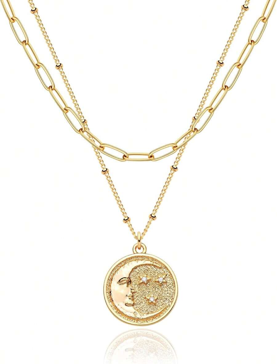 MEVECCO Layered Heart Necklace Pendant Handmade 18k Gold Plated Dainty Gold Choker Arrow Bar Layering Long Necklace For Women - 層新月 - 查看 1