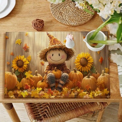4/6/8pcs Autumn Harvest Placemats - Straw, Pumpkin, Sunflower, Fallen Leaves Design, Durable Polyester Fabric 18x11.8 Inches, Hand Wash Only, Thanksgiving & Autumn Home Decor, Kitchen Dining Table Mats, Cheerful Scarecrow Pattern, Vibrant Printed Quality, Perfect For Thanksgiving