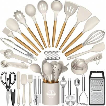 Kitchen Utensil Set - 44-Piece Silicone Kitchen Utensil Set With Holder, Heat-Resistant Kitchen Utensil Brush Set For Non-Stick Cookware, Black Wooden Handle Kitchen Gadget Set, Father's Gift,Mother's Day,Mom,Mother's Day Gift,Flower,Jewelry,Mother's Day Decorations,Mother's Day Party Supplies,Women,Pink,Gift Set