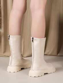 1 Pair Girls' Leather Boots, 2025 Winter New Kids Thermal Lined Mid-Calf Boots, Soft Sole, Girls' Mid-Calf Boots, For Older Kids