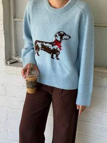 新款秋冬女式简约可爱圆领长袖柔软针织套头毛衣，浅蓝色圆领腊肠犬图案针织毛衣，饰有可爱腊肠犬图案的蓝色针织毛衣，撞色复古卡通图案 - 淺藍色 - 查看 5