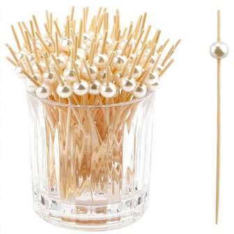 200/100/50/10pcs Bamboo Fruit Skewers, Handmade Round White Pearl, Suitable For Fruits, Cakes, Breads, Appetizers, Handmade Bamboo Appetizers, White Pearl Foods, Applicable For Weddings, Halloween, Christmas, Gatherings, Parties, Outdoor BBQs, Picnics
