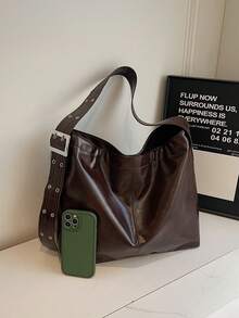 1 pièce Sac à épaule pour femmes en PU vintage huilé marron café avec rivets, œillets et coutures. Sac fourre-tout polyvalent et casual, convenant pour un usage quotidien, les trajets et le style universitaire. Grand sac seau à capacité importante, nouvelle arrivée pour l'automne/hiver