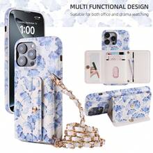 1 PC Luxury High-End Faux Leather Wallet Phone Case For I Phone 16 16e 15 14 Plus 13 12 11 Pro Max Litchi Pattern For Sam Sung For Galaxy Compatible With Google Pixel 6 7 8 9 Pro XL 9A 8A 7A 6A For Xiao Mi 11 Lite 12 12S Ultra 14 Redmi Note 13 13R Pro + For MOTO Edge 30 G Power Play Stylus 5G Metal Long Chain Crossbody Card Holder Protective Cover Waterproof Shockproof Anti-Fall Scratch Resistant - Flowers E - View 3
