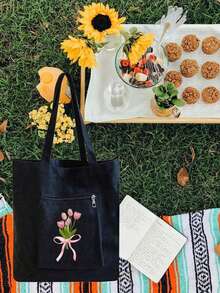 1 pieza Bolso de lona grande con estampado floral rosa, bolso de mano, bolsa de compras, bolsa de fiesta, bolsa de recuerdo de boda y cumpleaños, bolso de mano hecho a mano, bolsa de regalo de fiesta, bolso de mujer, bolsa de lona - Negro - Ver 3