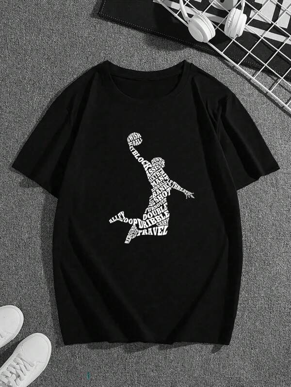 Boys & Teen Boys Casual Basketball English Graphic Round Neck Short Sleeve T-Shirt