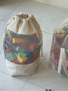 1个大容量物品抽绳收纳袋积木收纳桶网状玩具整理桶帆布书籍整理桶便携式游泳洗漱袋多功能物品收纳袋带提手轻便拼图收纳袋毛绒玩具收纳抽绳袋大号日常洗衣篮儿童物品收纳桶 - 米色 - 查看 7