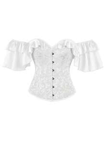 Women's Corset Bustier Fashionable Jacquard Pattern Ruffled Trim Strapless Slim Fit Off The Shoulder Tops - White - View 1