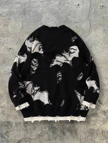 ANDREILEE 破洞流苏下摆圆领休闲宽松长袖套头毛衣，男女皆宜的街头时尚款，适合春、秋、冬三季穿着。 - 黑色 - 查看 3