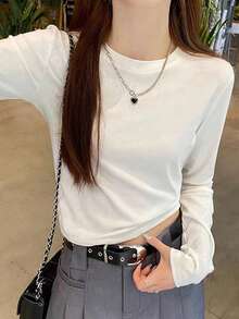 Y2K 露脐圆领长袖T恤，纯色修身露脐打底衫 - 白色 - 查看 8
