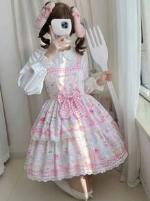 一件洛丽塔风格可爱粉色兔子图案吊带连衣裙，适合节日派对、演出及所有节日（包括情人节）、日常穿着、万圣节、派对等场合。