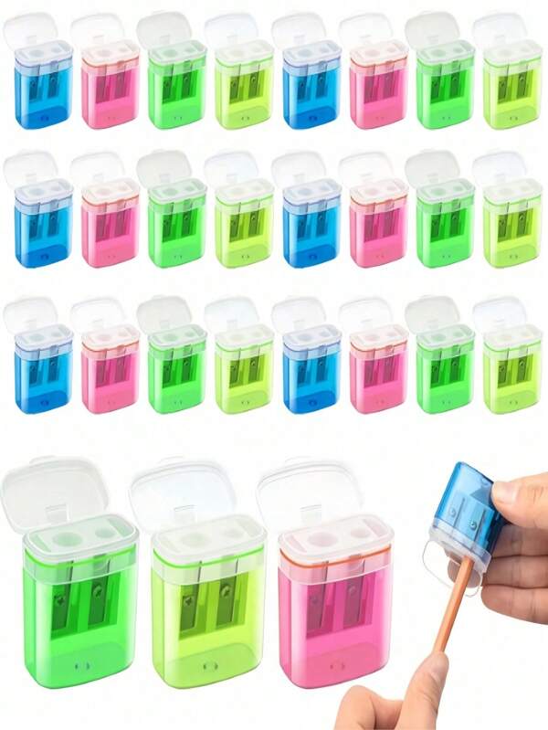 4pcs/24pcs Pencil Sharpeners, Dual Hole Manual Pencil Sharpeners With Cover, Portable Office & School Supplies, 4 Mixed Colors