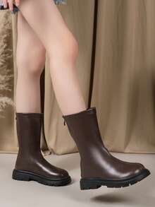 1 Pair Girls' Leather Boots, 2025 Winter New Kids Warm Lined Mid-Calf Boots, Soft Sole Girls' Boots, For Older Children - Brown - View 4