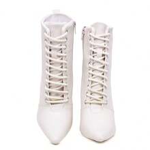 Women's Thin Heel Boot With Front Lace-Up And Modern Style - trắng - Xem 4