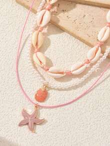 3 Stücke/Set Rosa Seestern & Muschel Perlen Halskette, Schmuck im Beach Resort Stil für Damen