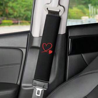 1 件汽车安全带肩垫 - 柔软、凉爽、舒适的套子，带有心形刺绣，提升驾驶体验，黑色，安全带肩带，汽车内饰配件