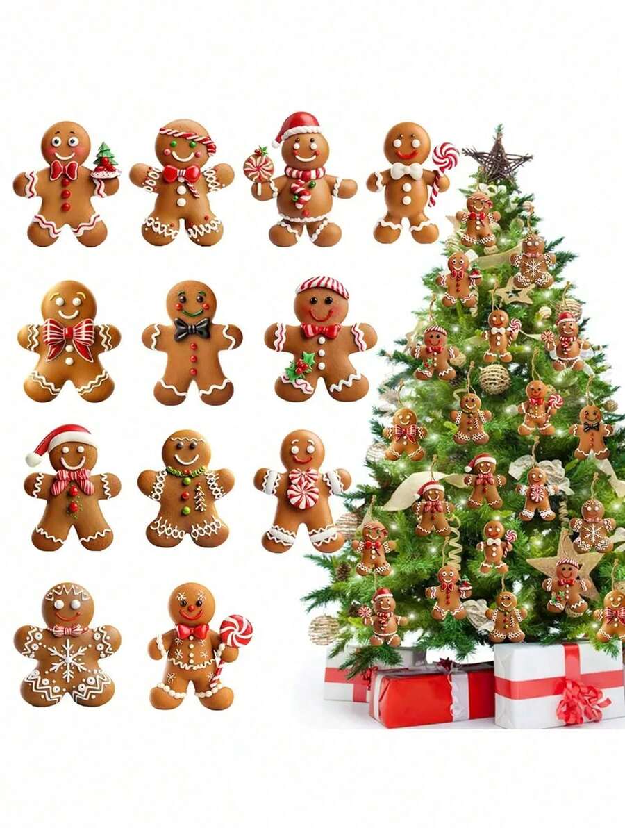12pcs Christmas Gingerbread Man Ornaments, Wooden Christmas Tree Hanging Decorations, Cute Bow Gingerbread Man & Snowflake Gingerbread Ornaments, Christmas Party Fireplace Window Decor, Classic Belief Decorations Suitable For Christmas And Winter