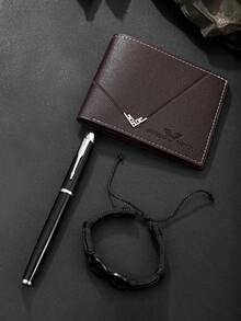 3pcs Classic Men's Business Wallet + Neutral Pen + Stylish Personalized Bracelet Gift Set, Suitable For Back To School, Halloween, Thanksgiving, Christmas Gifts Formal/Business Formal Valentine's Day Ideas