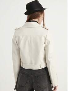 Casual Zipper Pocket Belt Leather Jacket, Solid Color, All Seasons - White - View 5