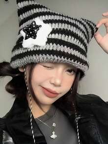 1pc Punk Gothic Y2K Cute Black White Beanie Hats Striped Cat Ears Wool Hat Women Autumn Winter Warm Little Devil Knitted Crochet Beanie Hat Winter Women - Multicolor - View 3