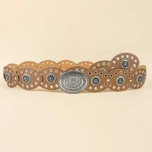 1 Piece Women's Belt Metal Snap Decoration Dress Fashion Retro Wasteland Style Waist Seal Eyelet Oval Piece Carving - 古銀豹紋 - 查看 8